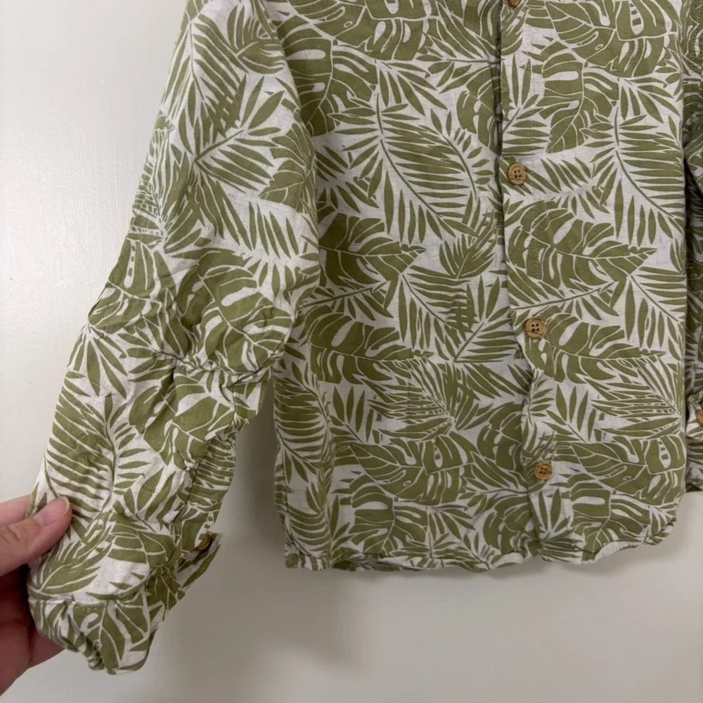 Zara kids linen blend tropical Green Leaf Print long Sleeve button down shirt